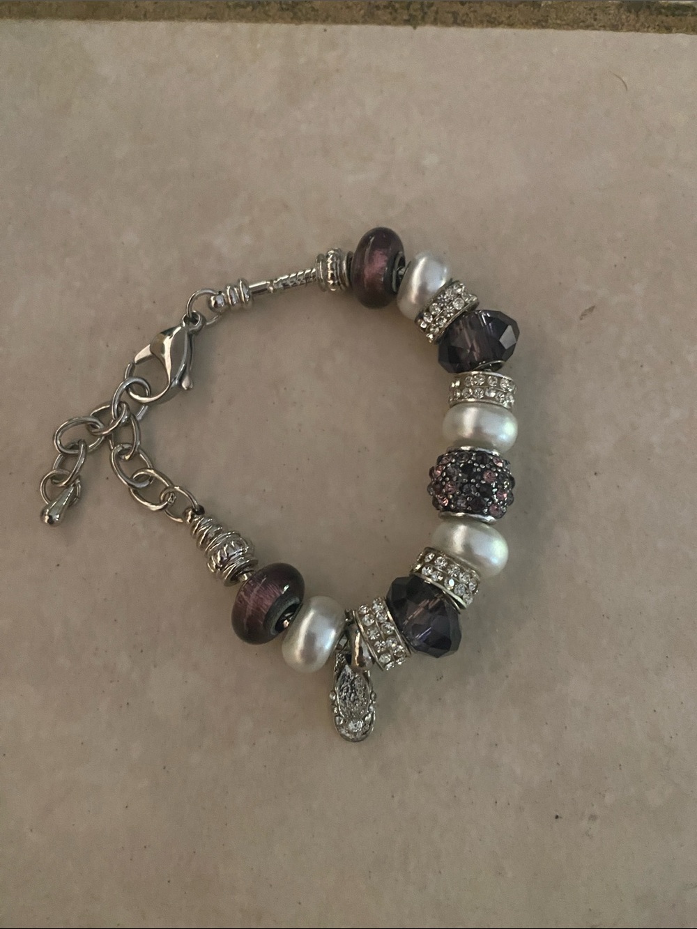 Silver-Tone Purple Bead Charm Bracelet with Crystal Accents